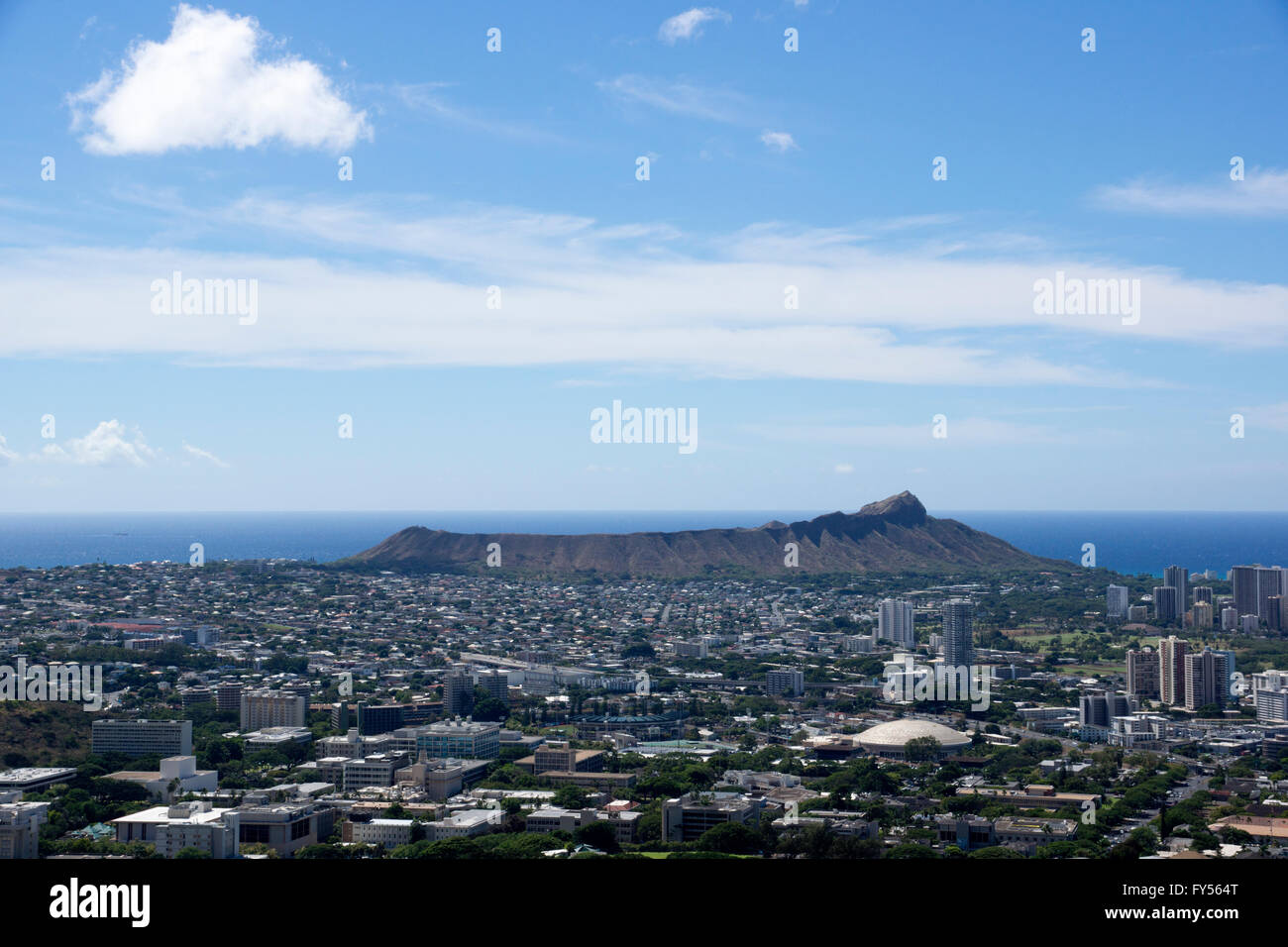Aerial view of Diamondhead, Kapiolani Park, Waikiki, Ala Wai Canal, Kapahulu town, Pacific ocean, clouds, and Golf Course on Oah Stock Photo
