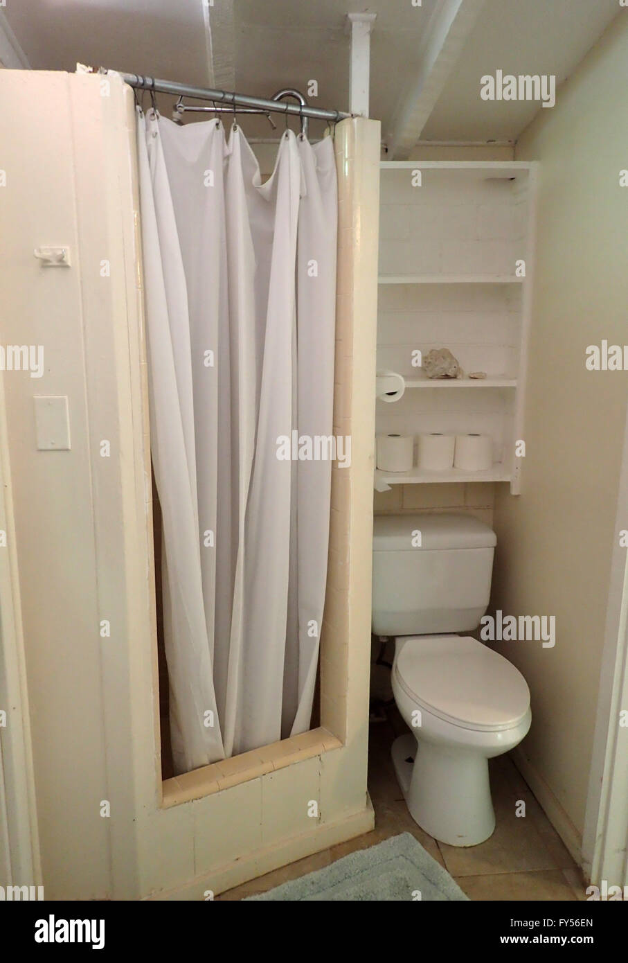 Inside Cottage Bathroom with Shower and Toilet. Stock Photo