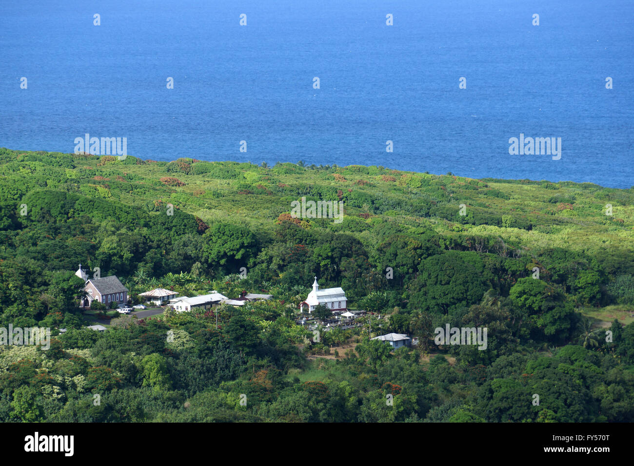 Aerial view of Coral Miracle Church, Wailua Peninsula on the road to Hana on Maui Stock Photo