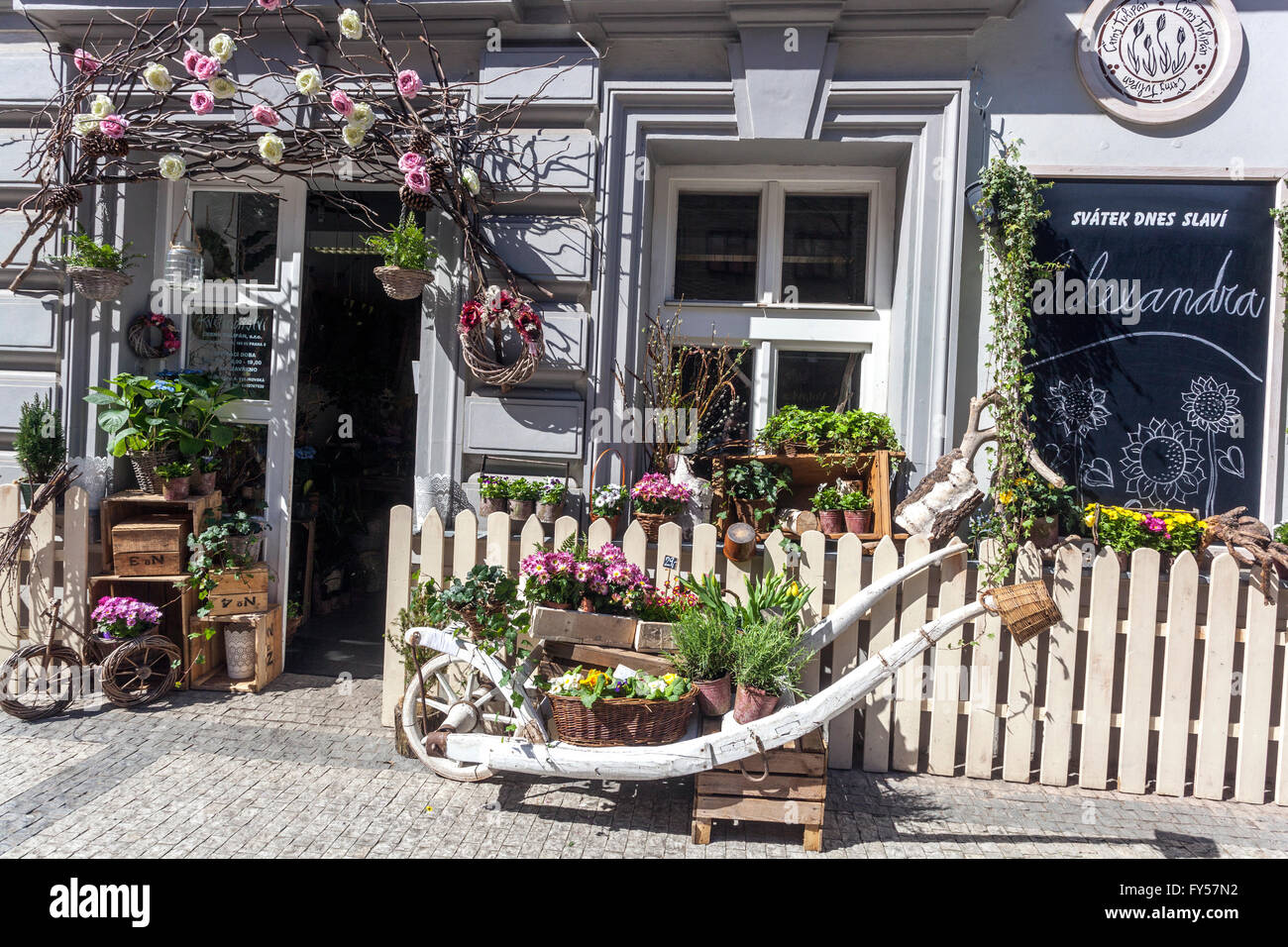 Florists in Sokolovska Street in the city boroughs of Karlín, Prague Czech Republic wheelbarrow Stock Photo