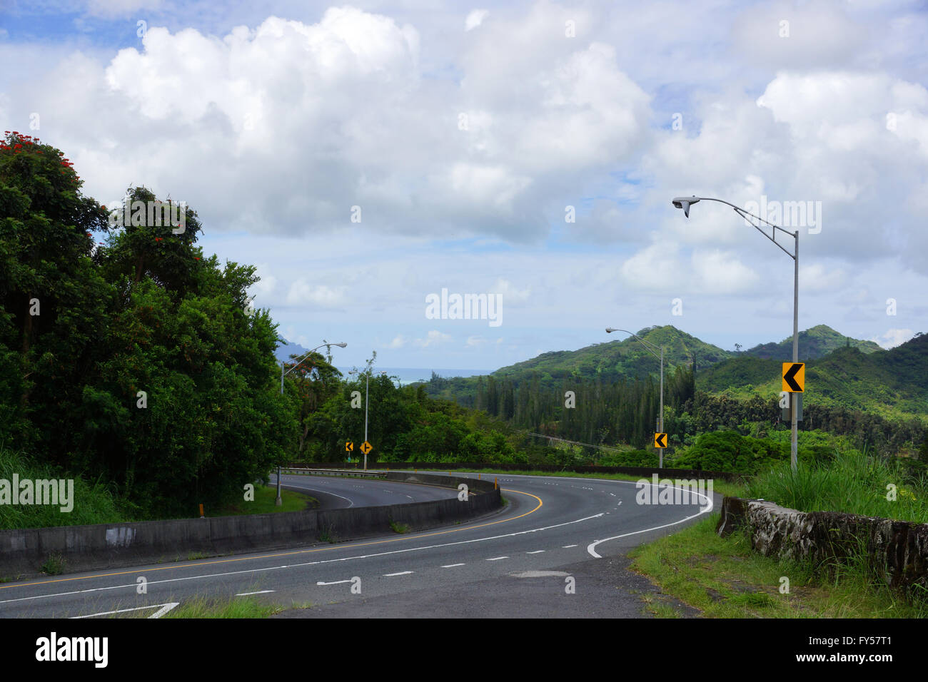 Long curve on Historic Pali Highway on Oahu, Hawaii. Stock Photo