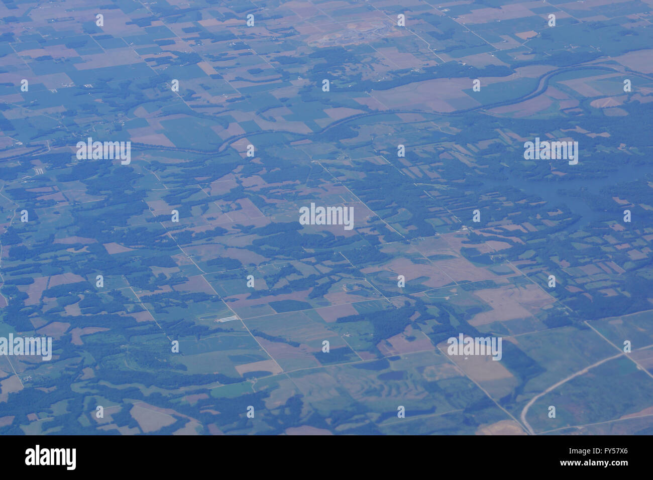aerial photograph of rural Eastern USA with fields, river, houses, and ...