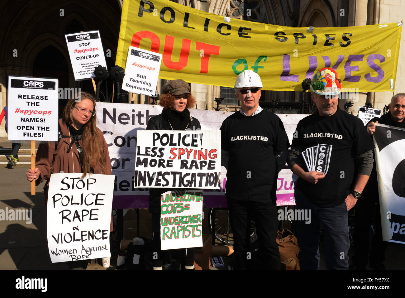 The preliminary inquiry into undercover policing is taking oral submissions to determine how much of the inquiry should or should not have restriction orders with a ruling to be made at a later date  Campaign Opposing Police Surveillance, who held the protest, are calling for all undercover police officers to be identified.  Featuring: Protestors, Atmosphere Where: London, United Kingdom When: 22 Mar 2016 Stock Photo