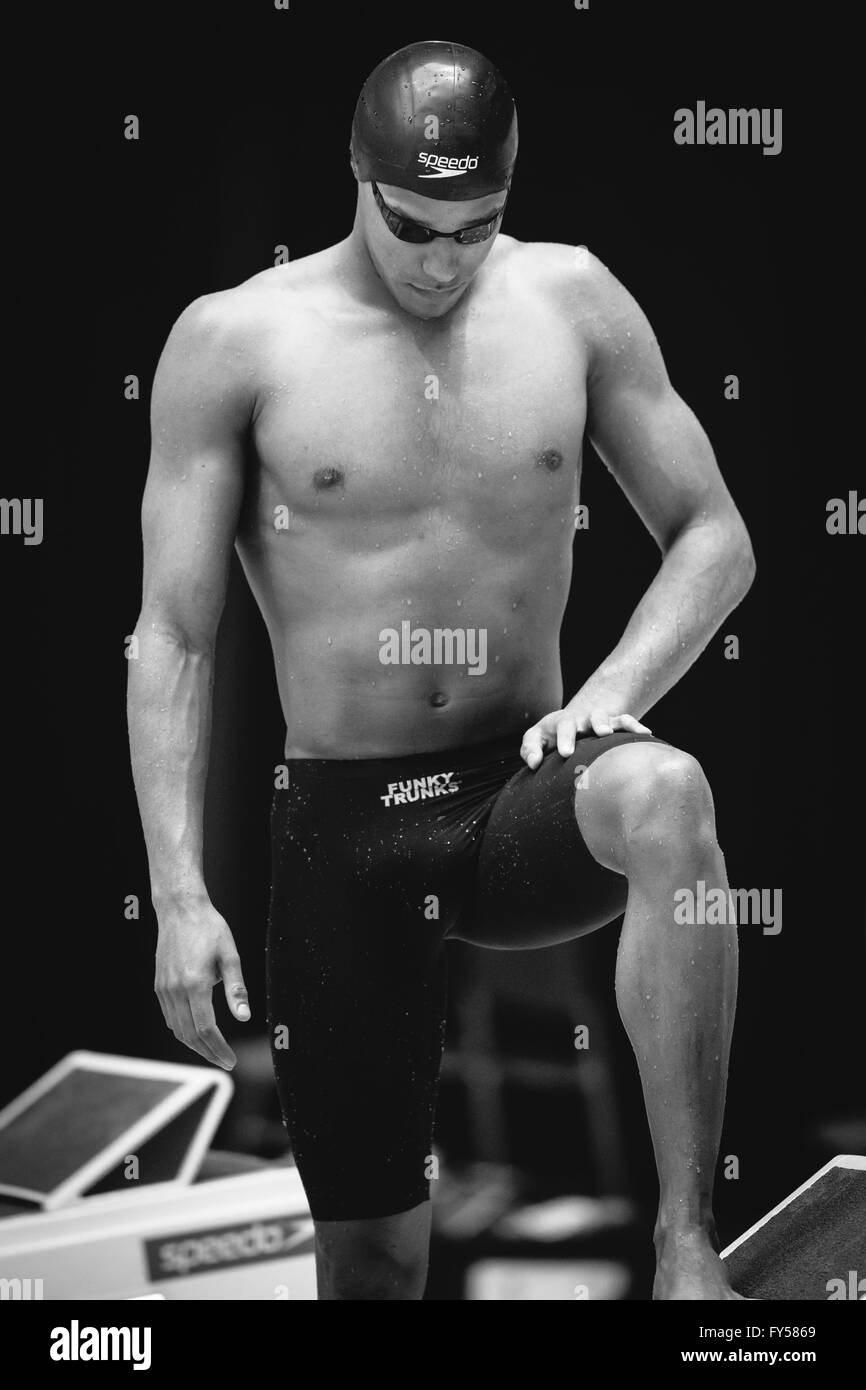 GLASGOW, UK: April, 13, 2016 Michael Gunning of Great Britain prior to the start of the Men's 200m Butterfly. Stock Photo