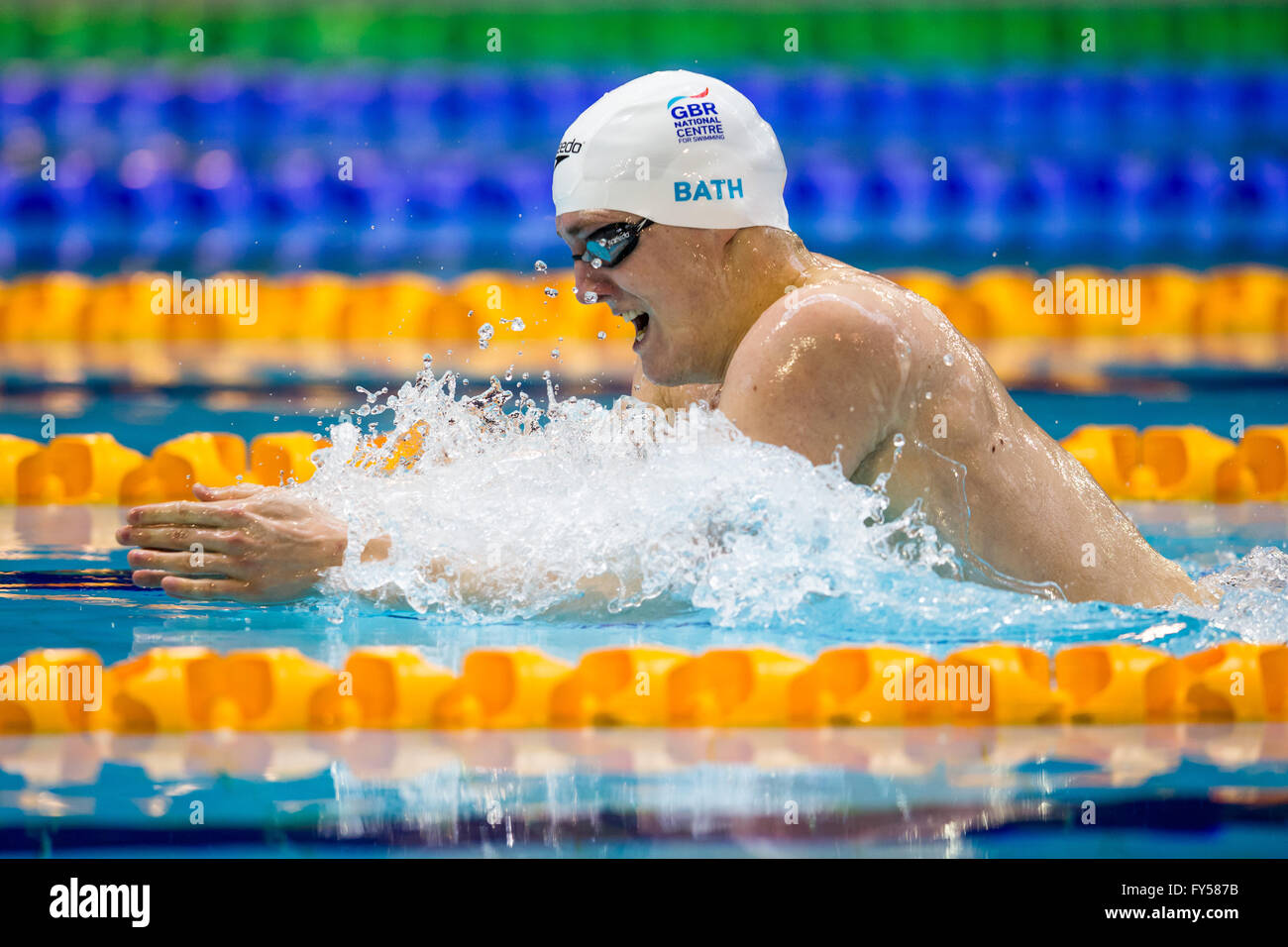 GLASGOW, UK: April, 15, 2016 Andrew Willis competes in the final of the Men's 200m Breaststroke Stock Photo