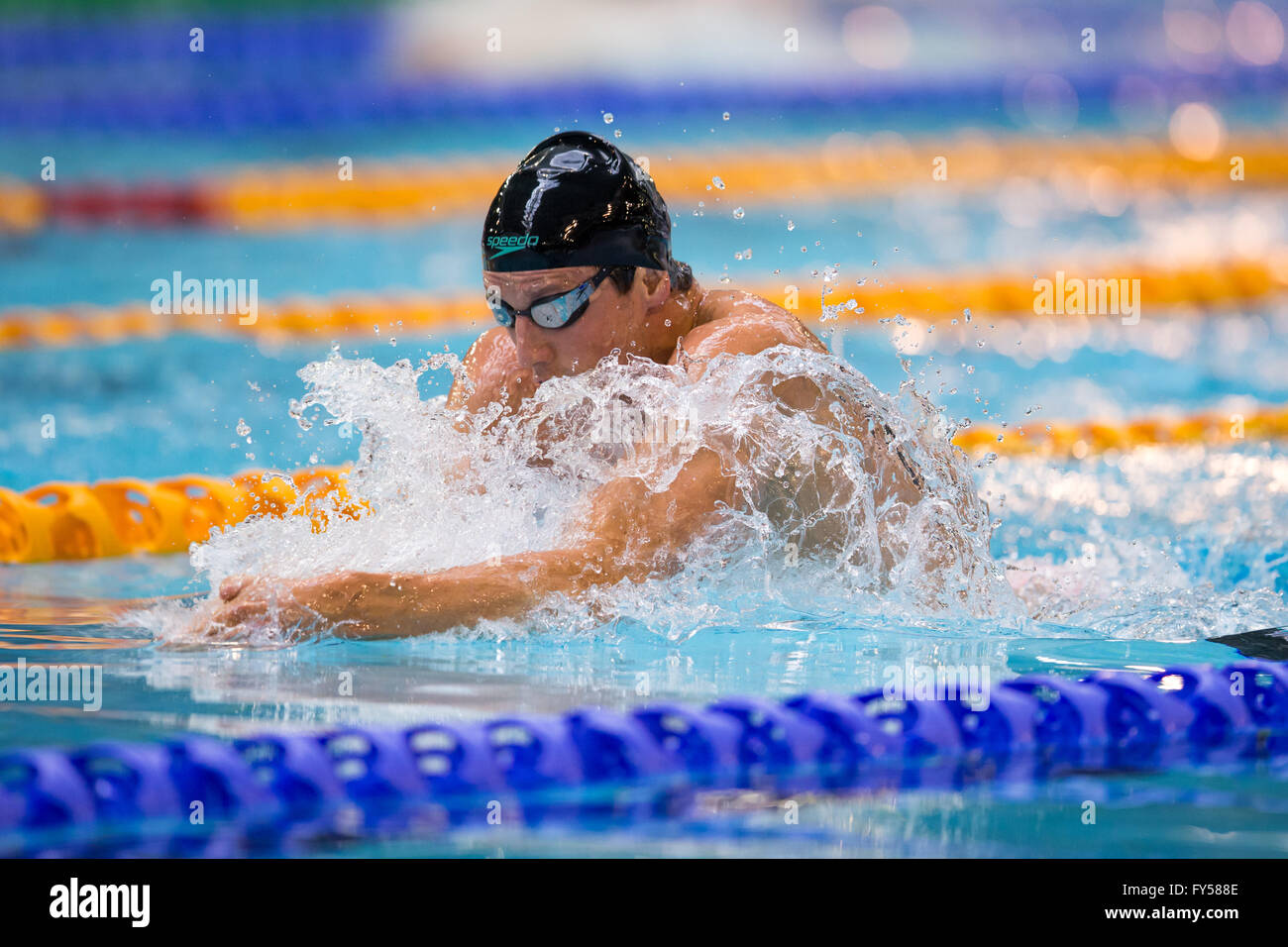 GLASGOW, UK: April, 15, 2016 Michael Jamieson competes in the final of the Men's 200m Breaststroke Stock Photo