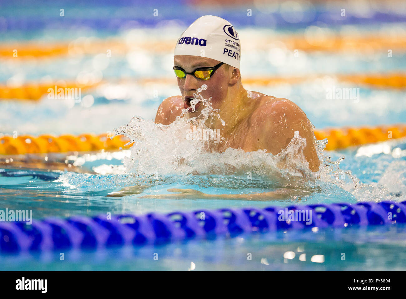 GLASGOW, UK: April, 15, 2016 Adam Peaty competes in the final of the Men's 200m Breaststroke. British Swimming Championships. Stock Photo
