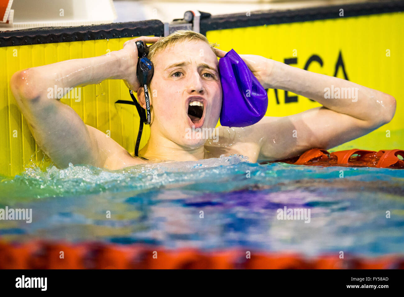 GLASGOW, UK: April, 16, 2016 Timothy Shuttleworth reacts after the Men's 1500m Freestyle Final Stock Photo