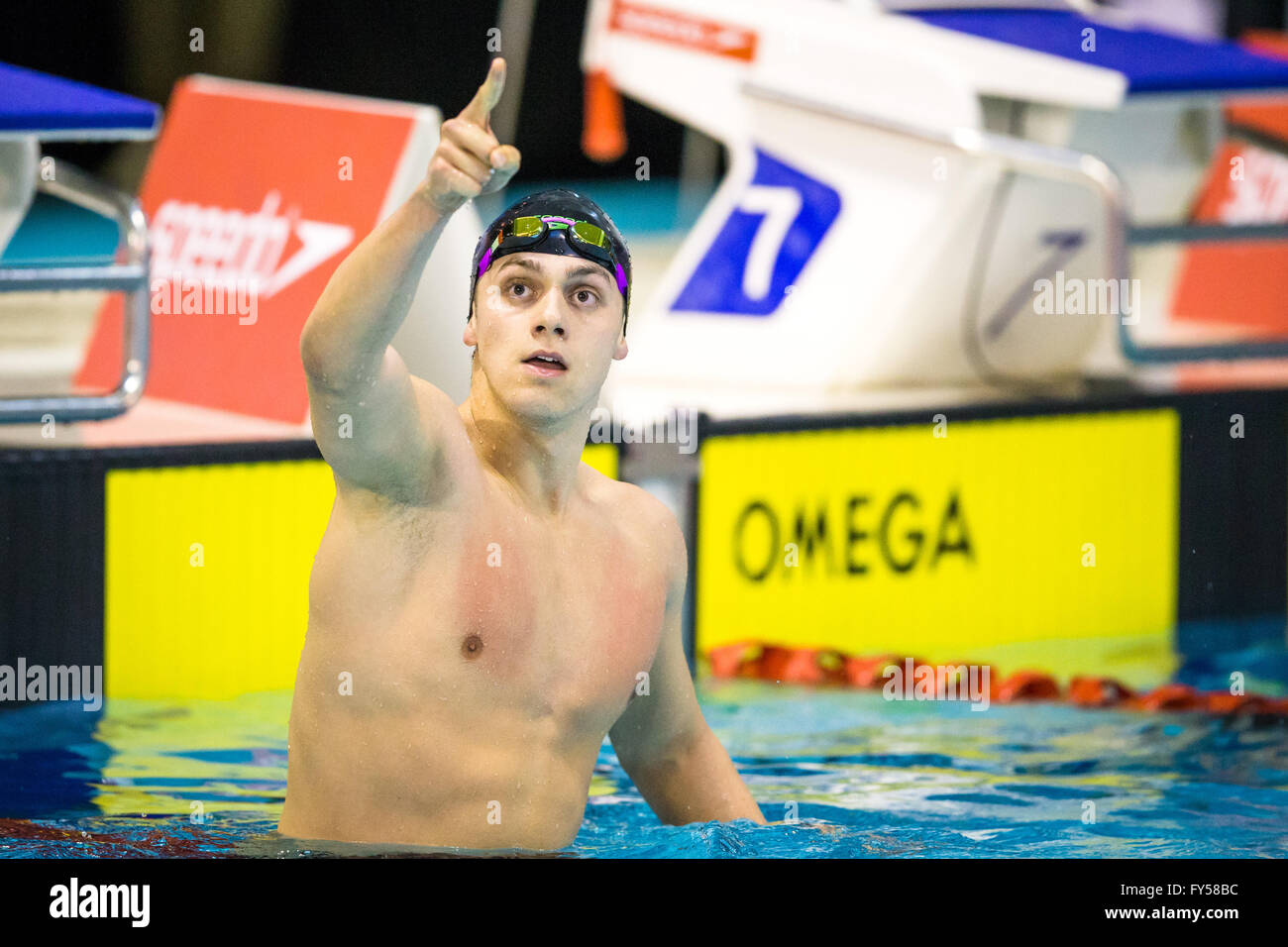 GLASGOW, UK: April, 17, 2016 Double world champion James Guy celebrates qualifying for Rio Olympics. Stock Photo