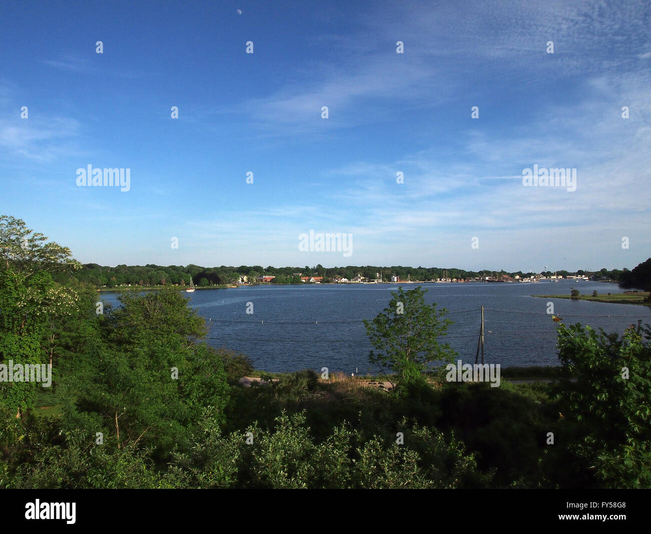 Hoxie Scenic Overlook along the 95 with view of Mystic River, trees and surrounding building in Connecticut, USA. Stock Photo
