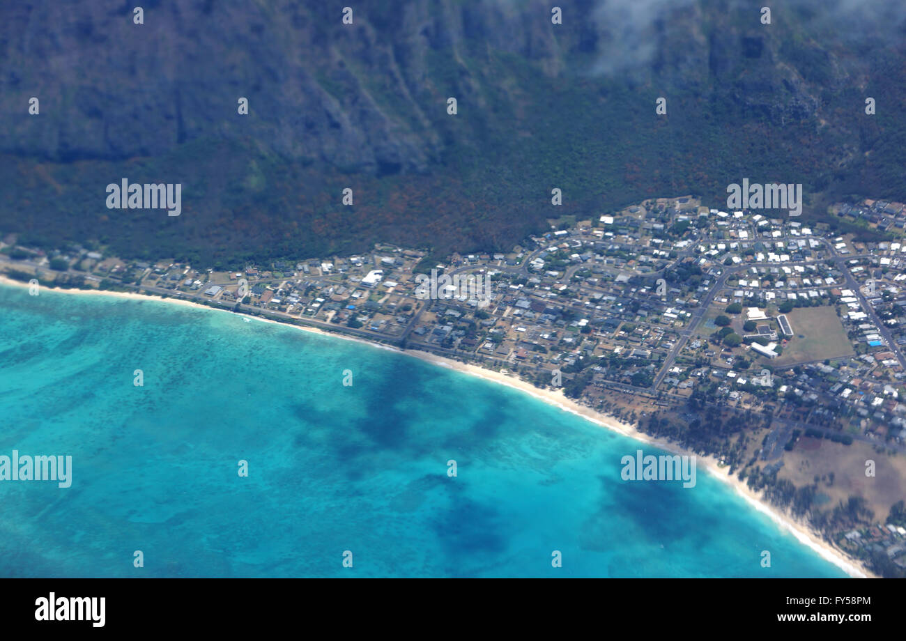 Aerial view of Waimanalo Beach, Homes, bay. Highway, Park, farms