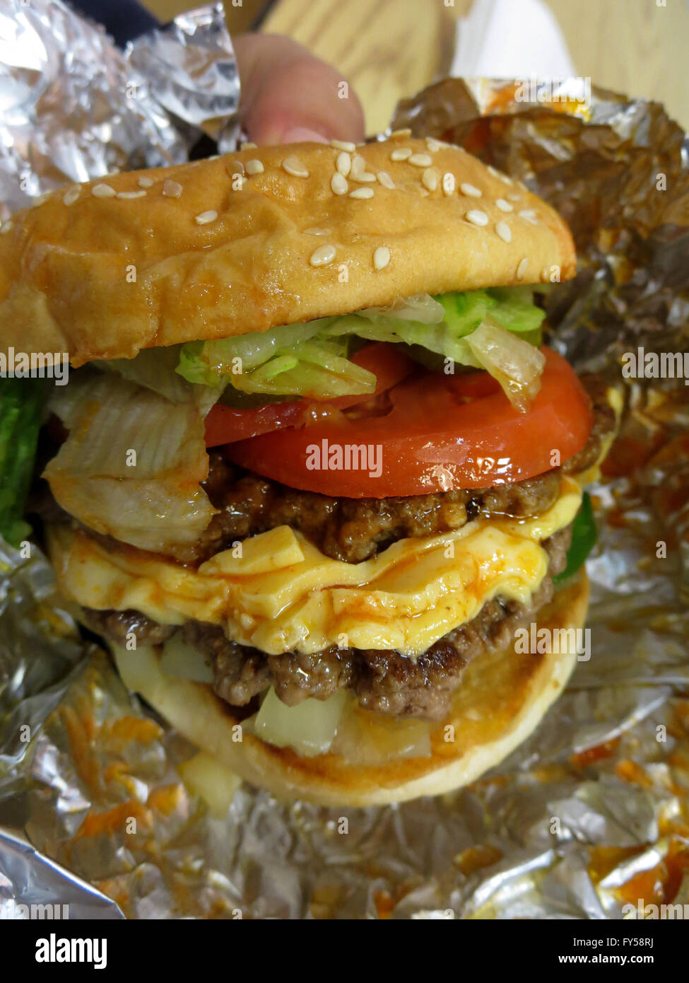 Close up of hands holding double cheeseburger with lettuce, tomatoes