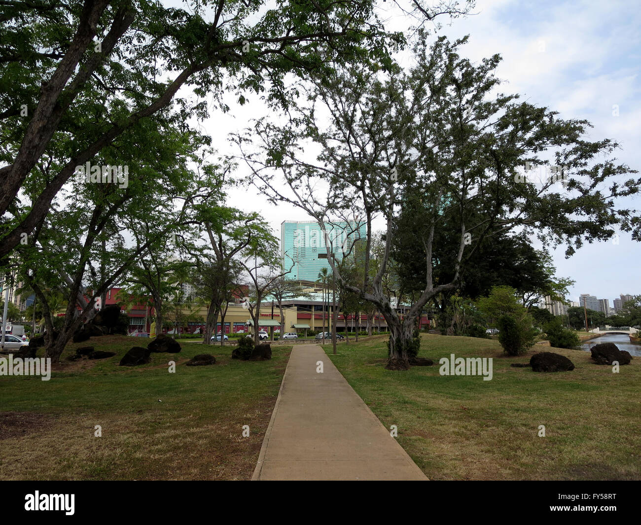 Concrete Path in Ala Moana Beach Park surrounded by trees with