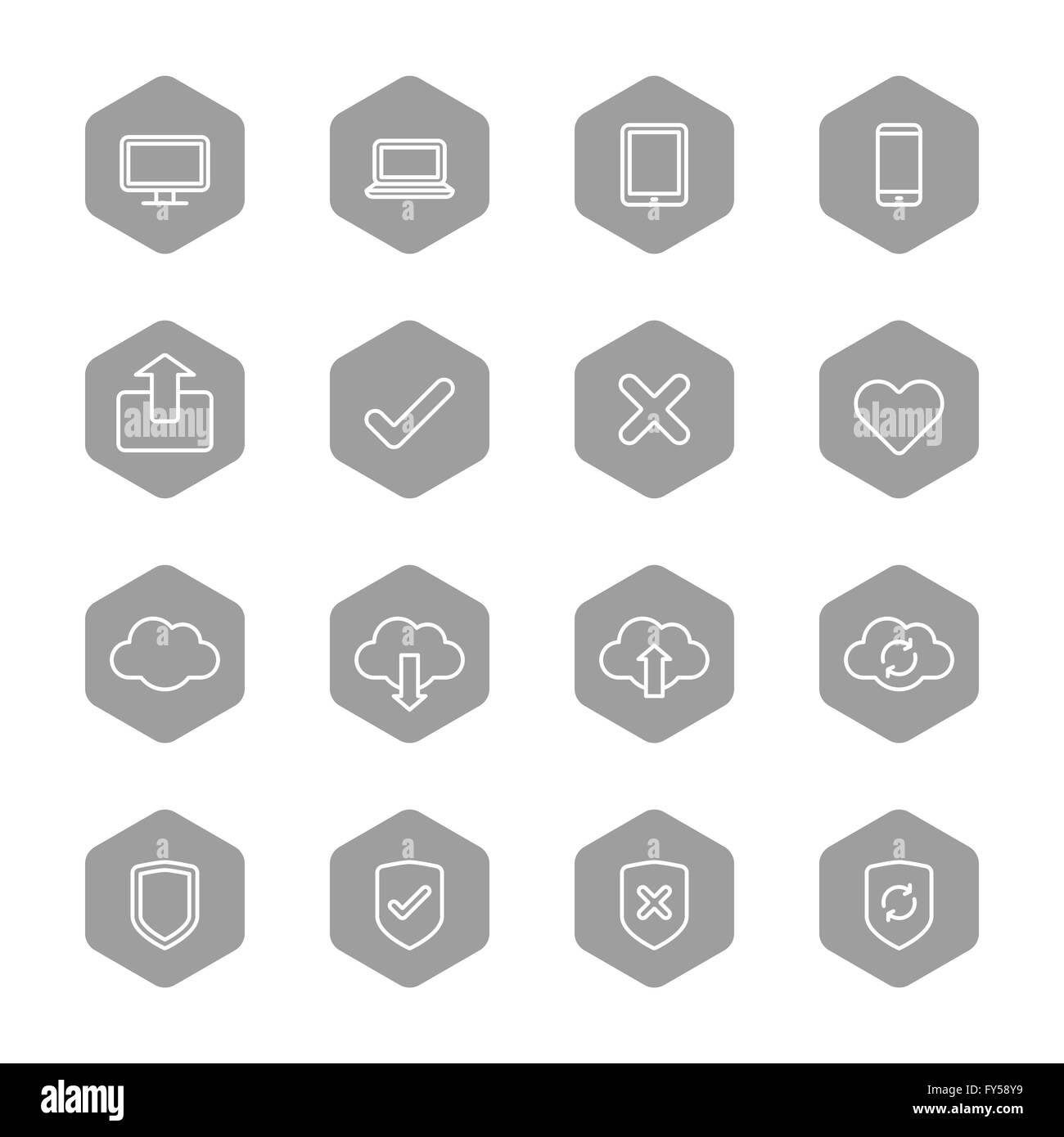 [EPS10] line web icon set on gray hexagon for web, UI, infographic and mobile apps Stock Vector