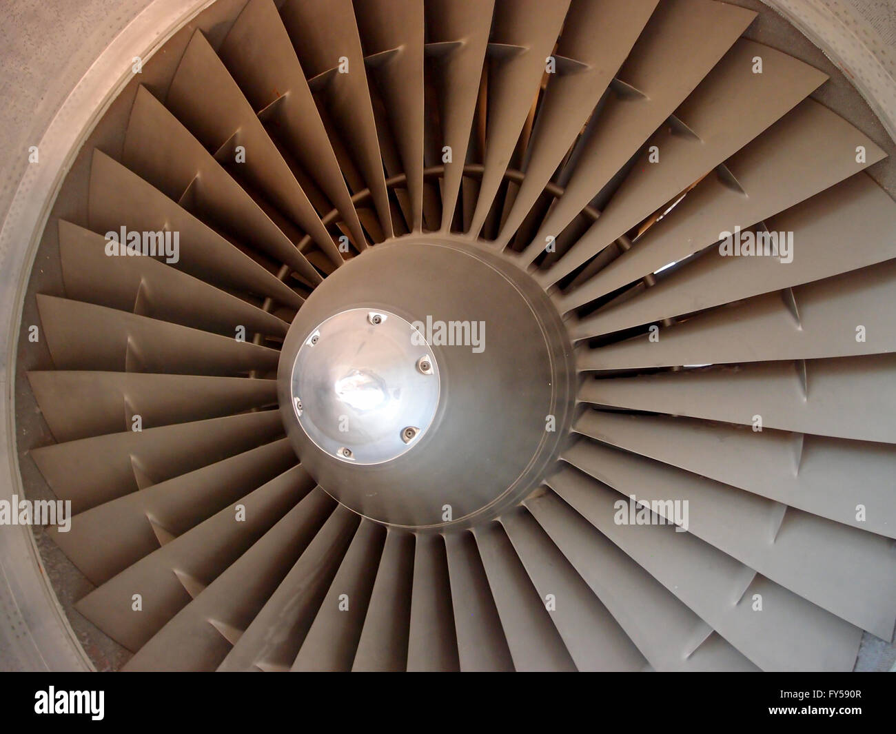 The turbine and blades of a jet engine. Stock Photo