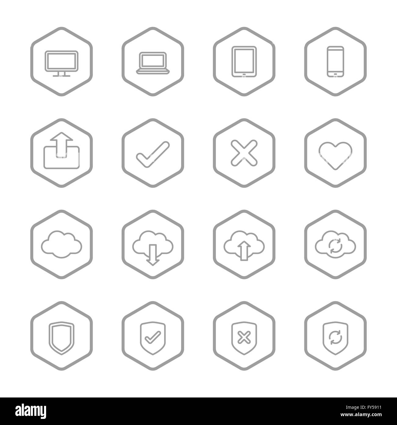 [EPS10] gray line web icon set with hexagon frame for web, UI, infographic and mobile apps Stock Vector