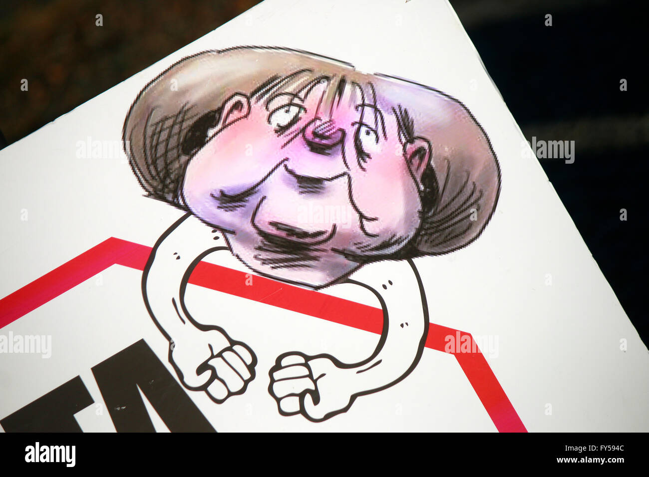 BKin Angela Merkel - Karikatur - Impressionen Demonstrationen gegen TTIP, 10. Oktober 2015, Berlin. Stock Photo