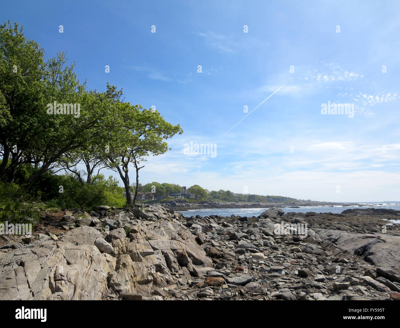 Rocky beach with trees at Ryefield Cove with clouds in the sky on Peaks Island in Casco Bay, Maine. Stock Photo