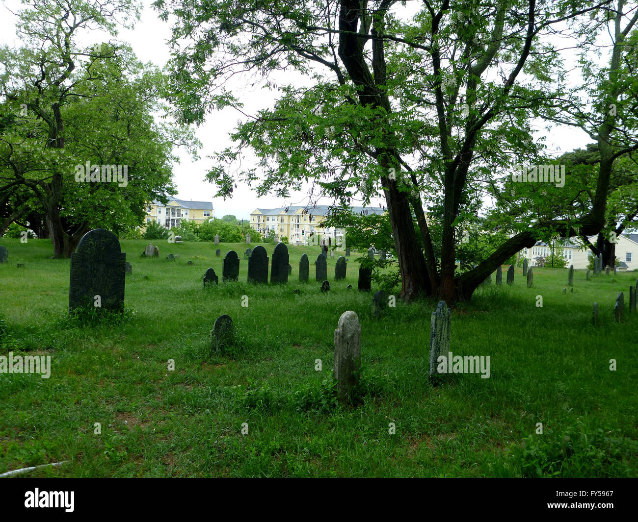 Historic Graveyard, The Burying Point, has been used since 1637, on a overcast wet day in Salem, Masachusetts Stock Photo