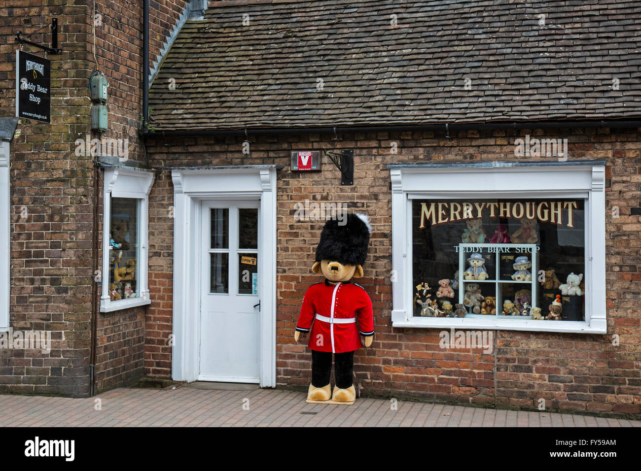 Large Teddy Bear outside the Merrythought Teddy Bear factory in Ironbridge, Shropshire, England. Stock Photo