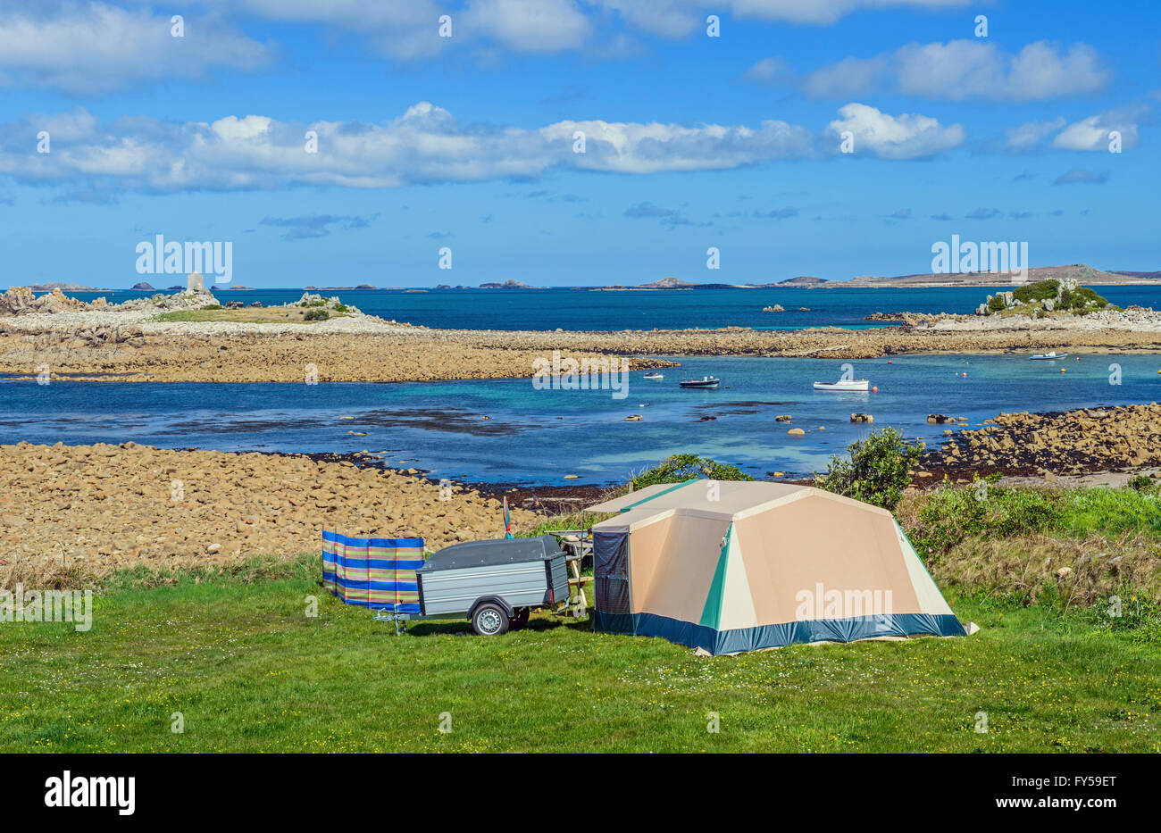 Camping at Troytown Farm on St Agnes coastline in the Isles of Scilly Stock Photo