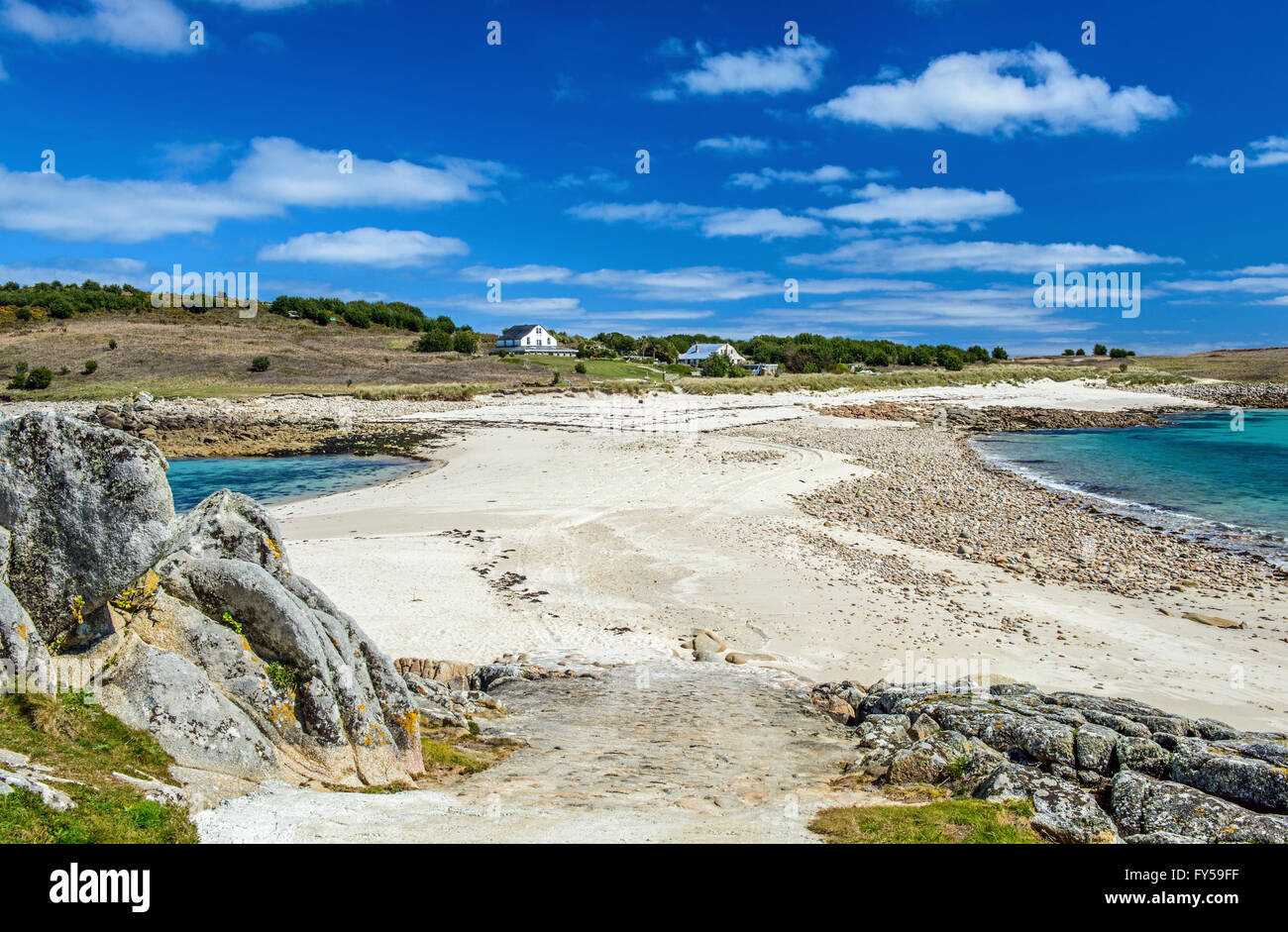 The Bar, separating the islands of Gugh and St Agnes on the Isles of Scilly at high tides Stock Photo