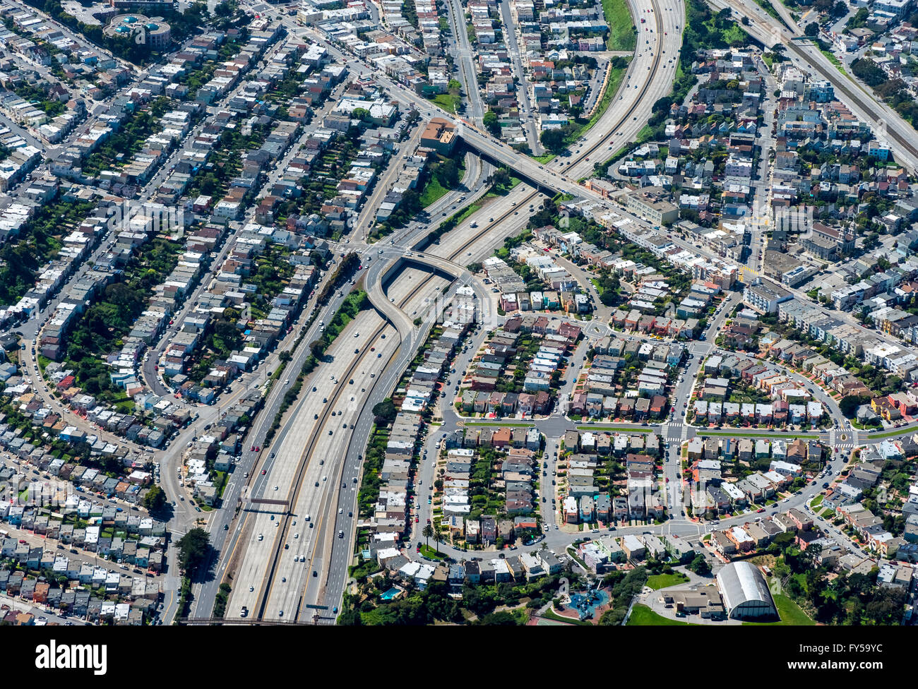 Aerial view, suburban housing development near a highway, San Francisco Bay Area, California, USA Stock Photo
