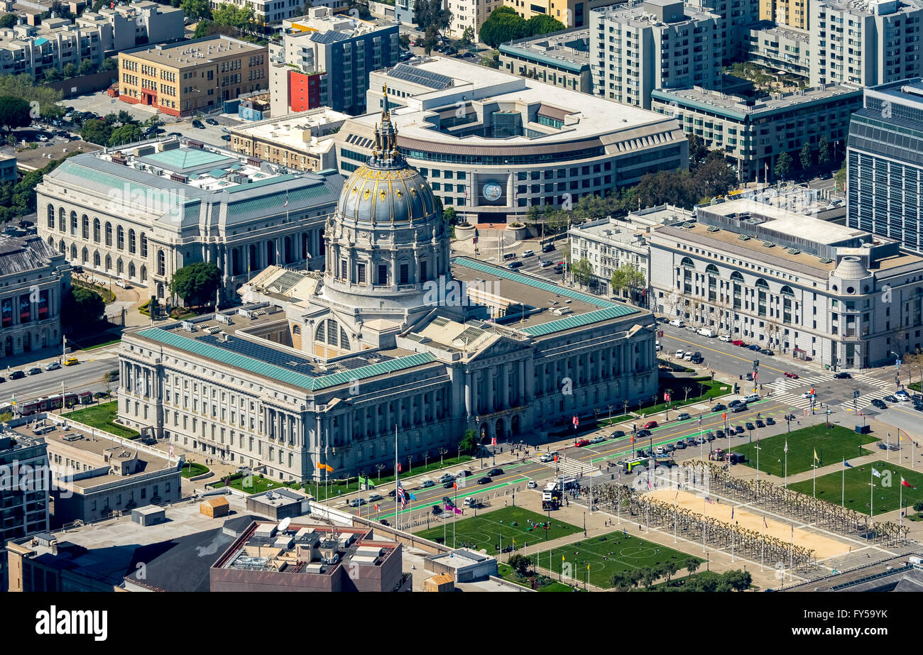 Aerial view, City Hall, Civic Center Plaza, Veterans Building, War Memorial Opera House, San Francisco, San Francisco Bay Area Stock Photo