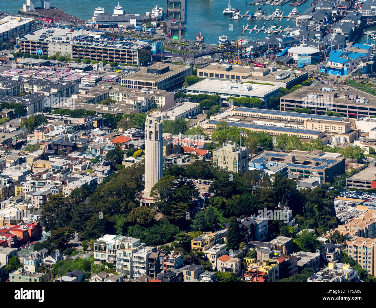 Aerial view, Coit Tower, look-out, district of North Beach, San Francisco, San Francisco Bay Area, California, USA Stock Photo