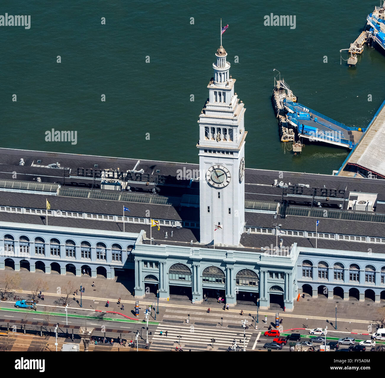 Aerial view, Ferry Building with clock tower, San Francisco, San Francisco Bay Area, California, USA Stock Photo