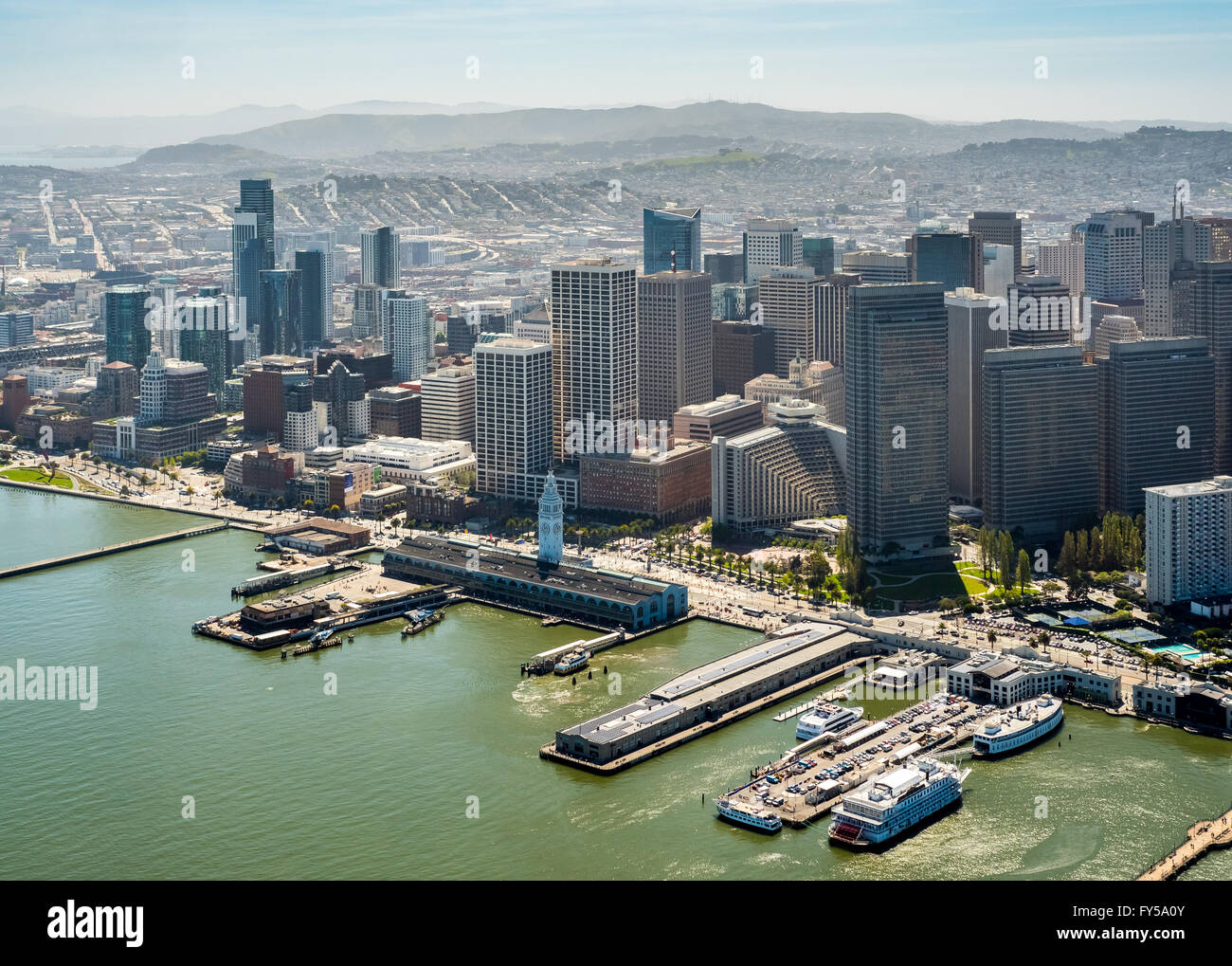 Aerial view of San Francisco Downtown with its piers as seen from the water, San Francisco, San Francisco Bay Area, California Stock Photo