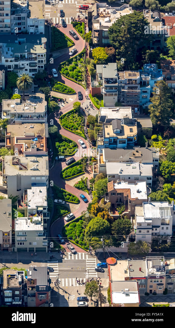 Aerial view, Lombard Street with hairpin turns, winding road, the streets of San Francisco, San Francisco Stock Photo