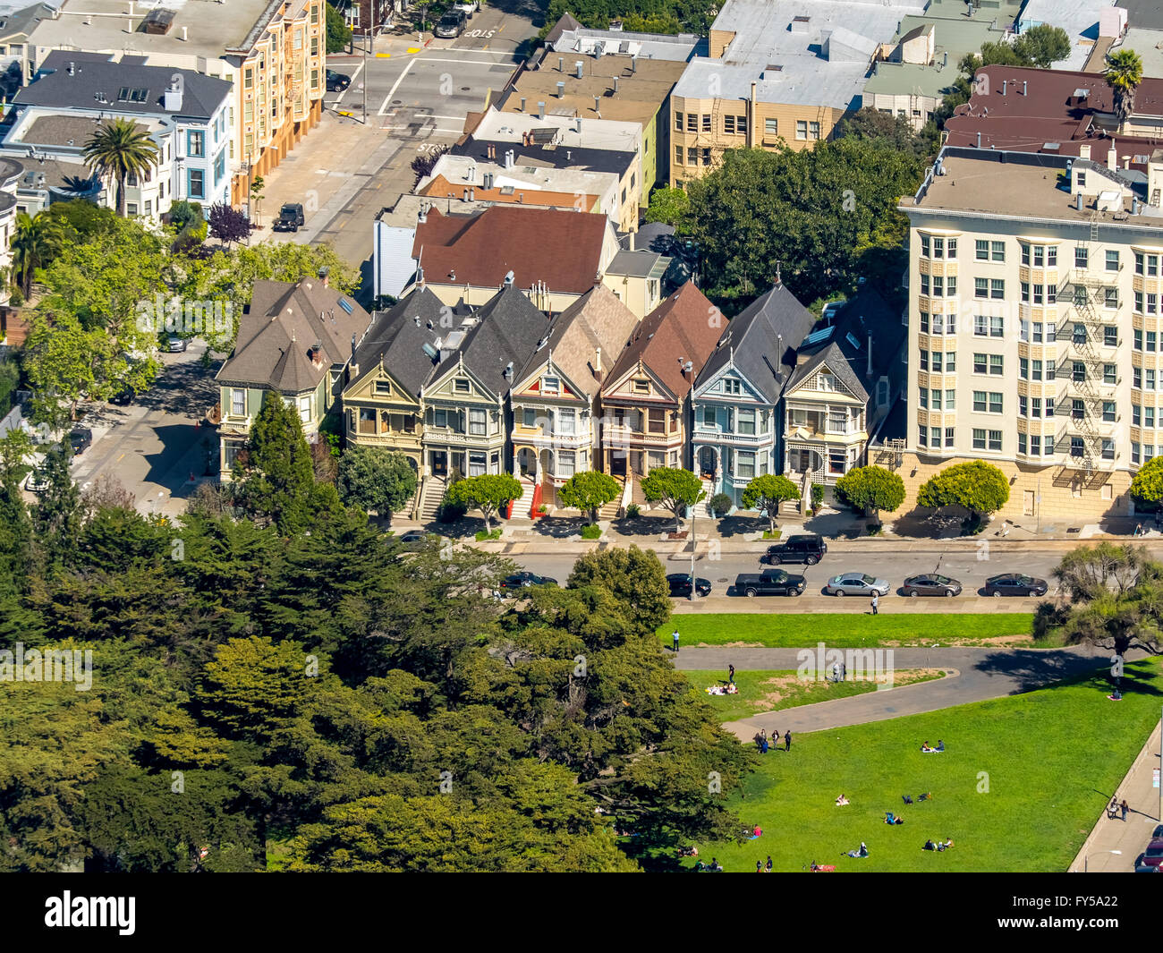 Aerial view of the Painted Ladies at Steiner Street, Victorian Houses, San Francisco, San Francisco Bay Area, California, USA Stock Photo