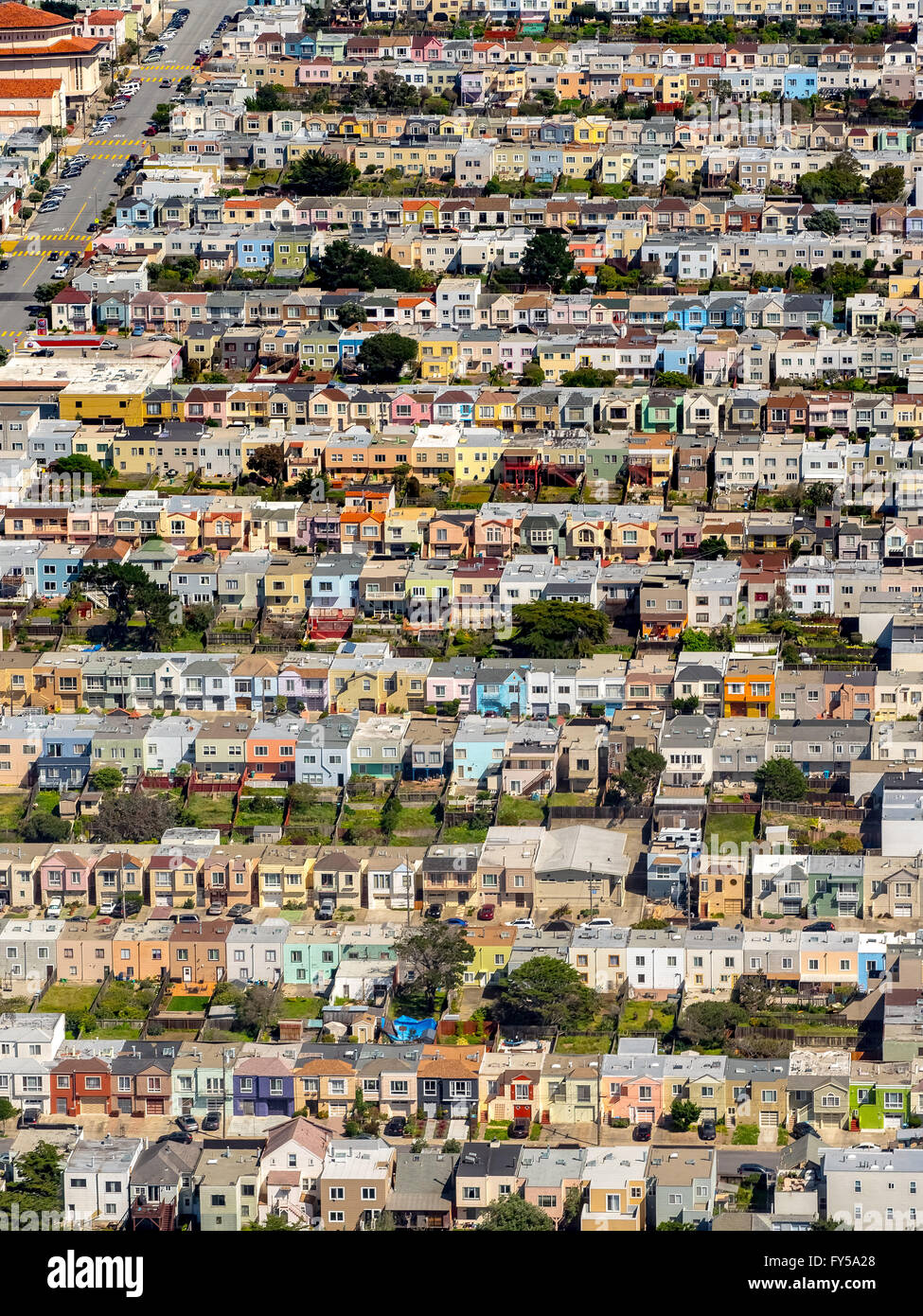 Aerial view, small detached, single-family houses at Doelger City, Outer Sunset, suburban district in the west of San Francisco Stock Photo
