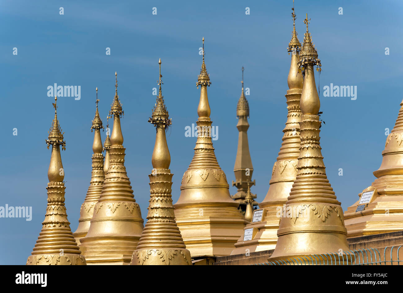 Golden Stupas, Shwemawdaw Pagoda, also Golden God Temple in Bago, Myanmar, Burma Stock Photo