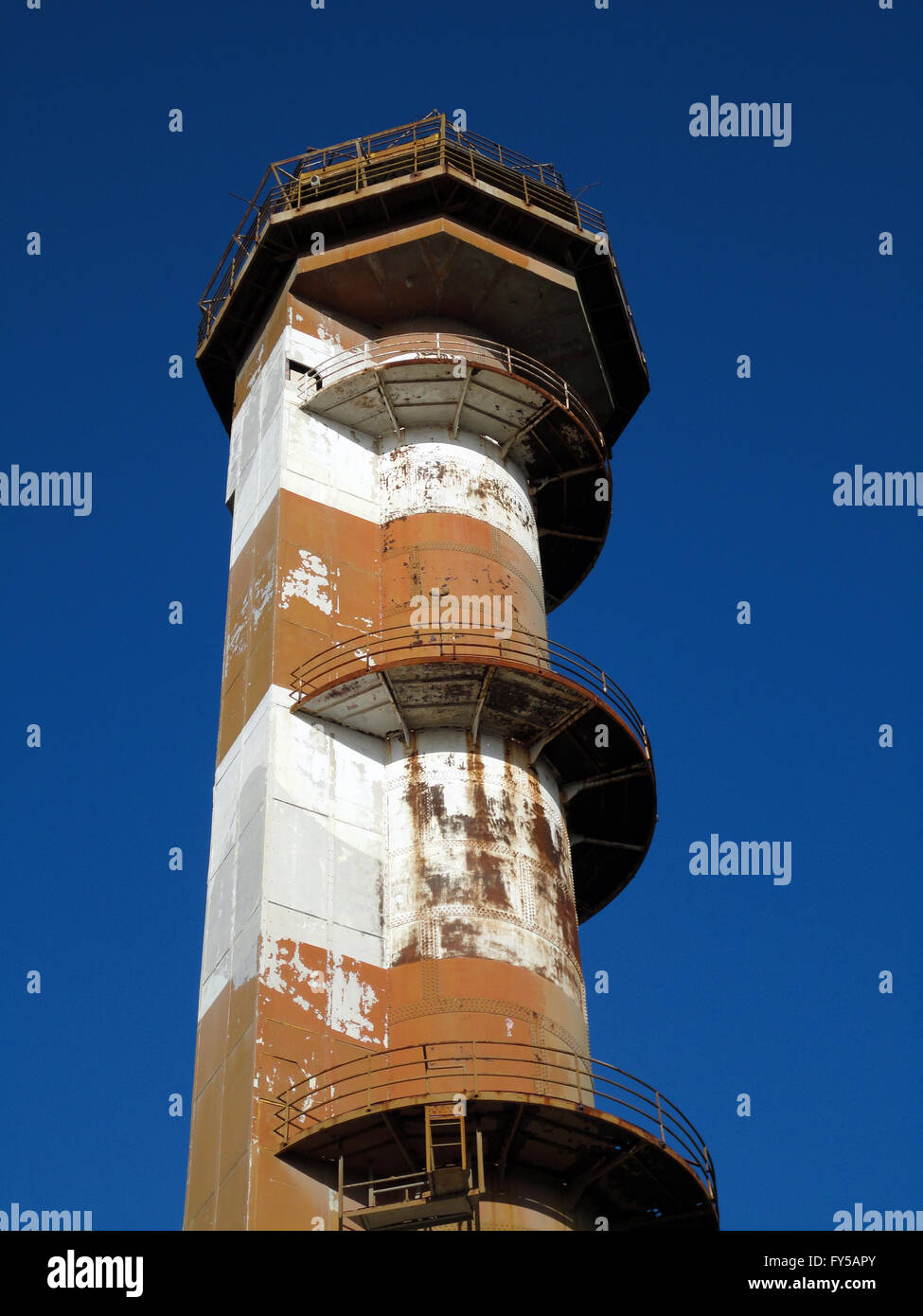 Close-up of top section of Historic Ford Island aviation control tower at Pearl Harbor Hawaii, which is showing signs of age wit Stock Photo
