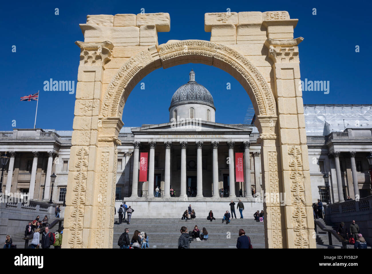 The scale replica of the 2,000 year-old Arch of Triumph in London's Trafalgar Square. The arch has been made from Egyptian marble by the Institute of Digital Archaeology (IDA) using 3D technology, based on photographs of the original arch. It will travel to cities around the world after leaving London. Stock Photo