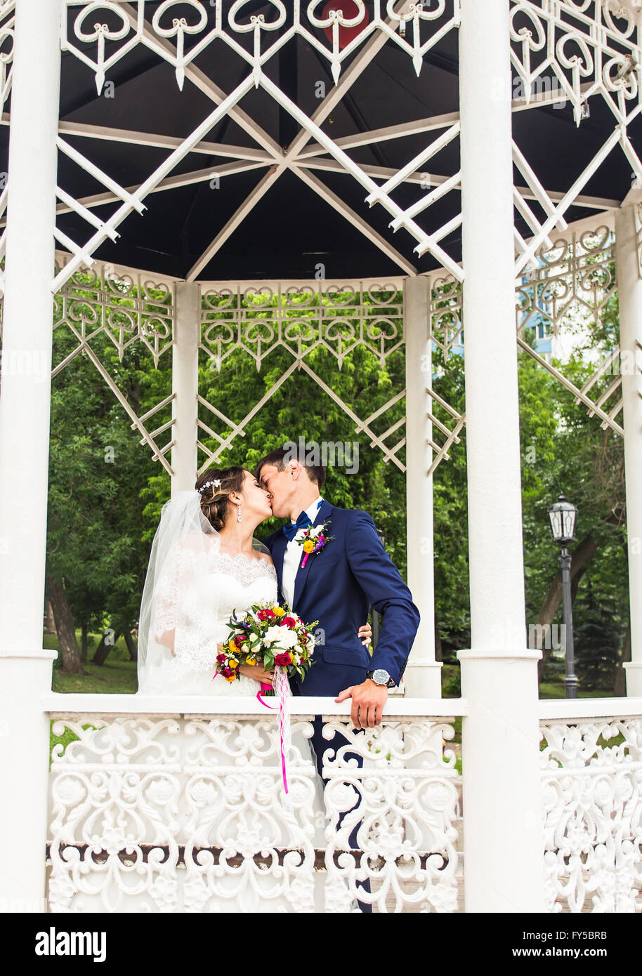 Kiss the bride and groom outdoors Stock Photo - Alamy