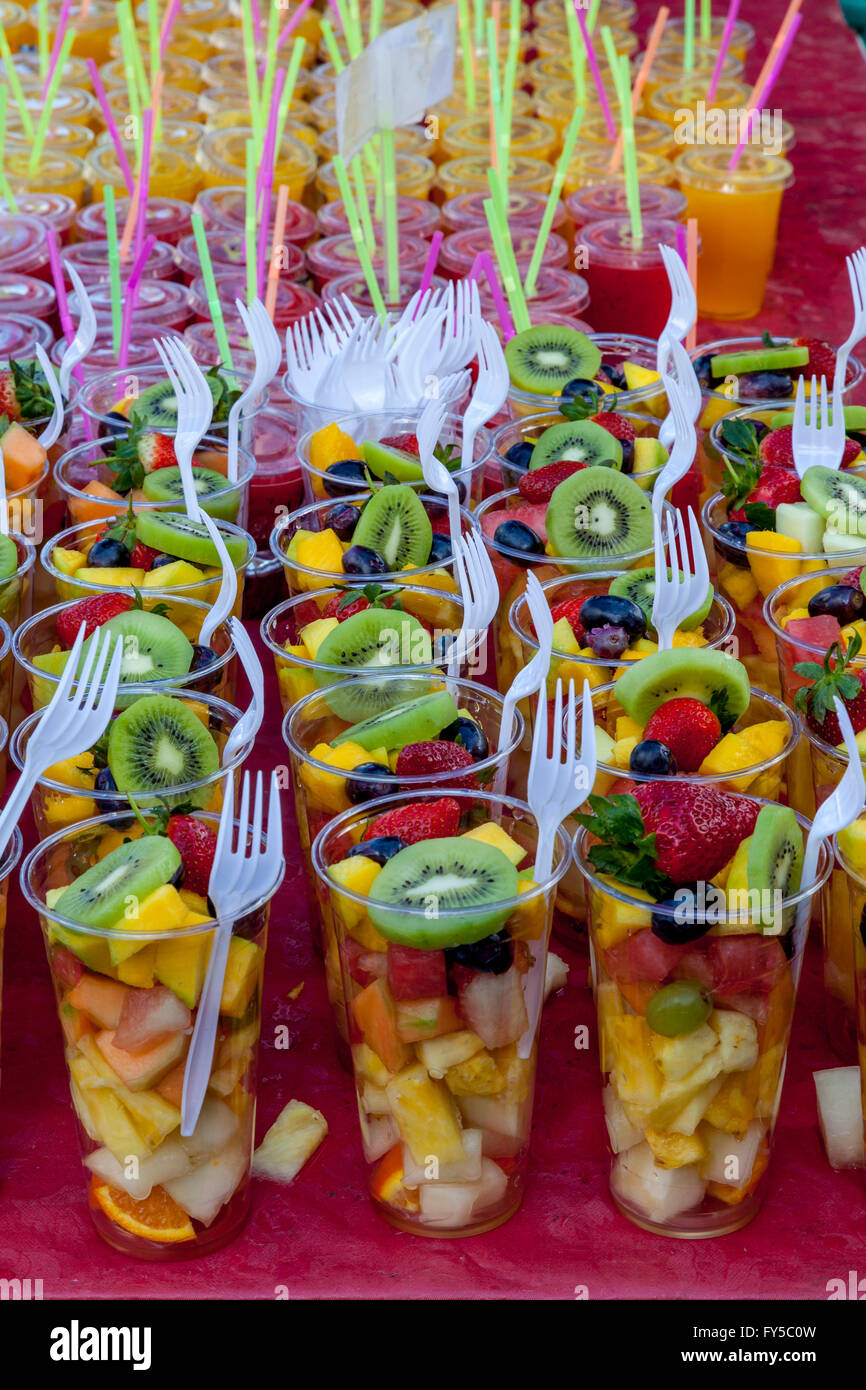Cups Of Fresh Fruit Salad For Sale, Brick Lane Sunday Market, London