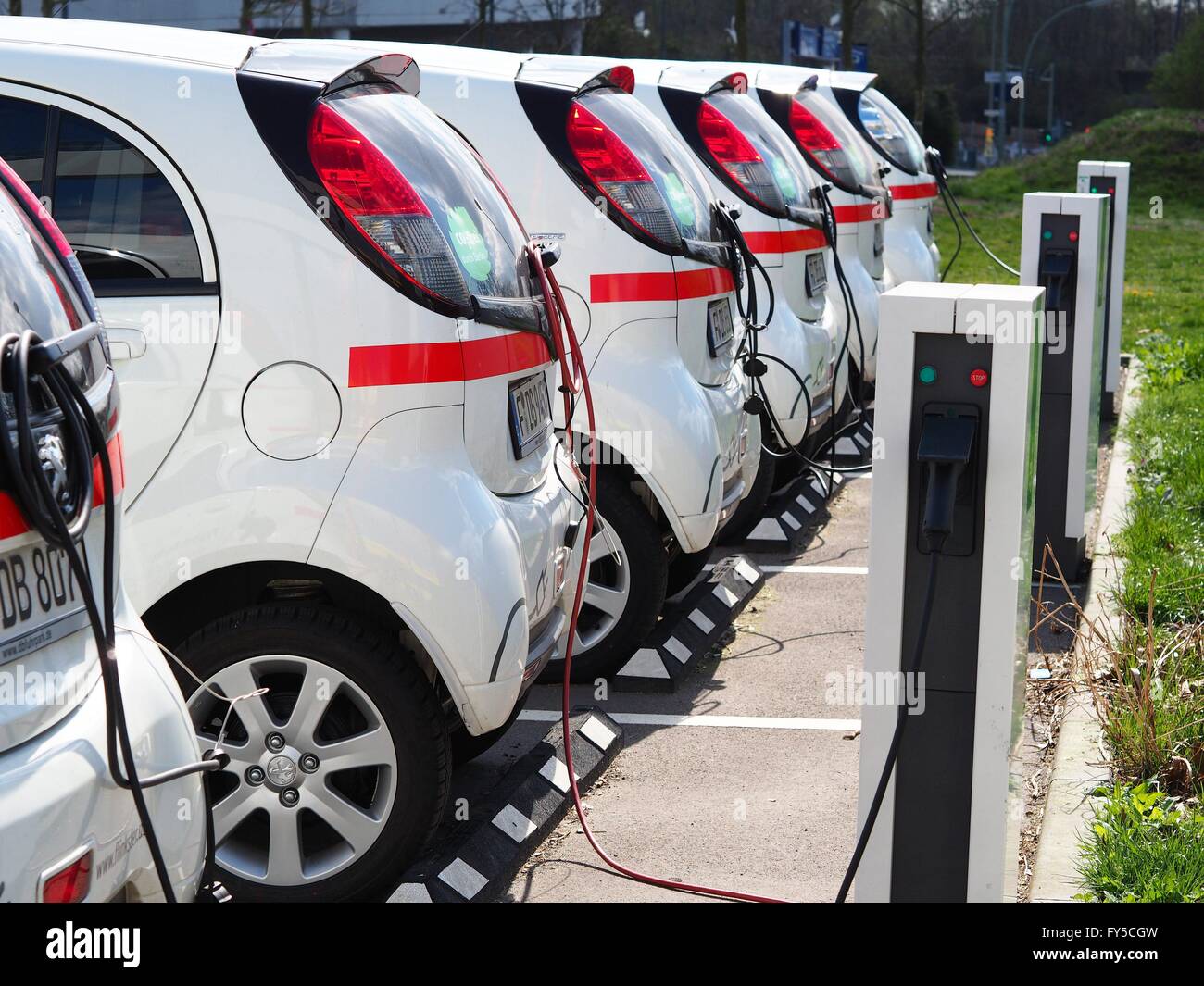 Electronic rental cars of Deutsche Bahn carsharing daughter company 'Flinkster' are seen in Berlin on April 04, 2016. Photo: Wolfram Steinberg/dpa Stock Photo