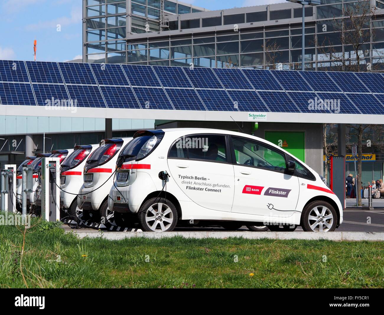 Electronic rental cars of Deutsche Bahn carsharing daughter company 'Flinkster' are seen in Berlin on April 04, 2016. Photo: Wolfram Steinberg/dpa Stock Photo