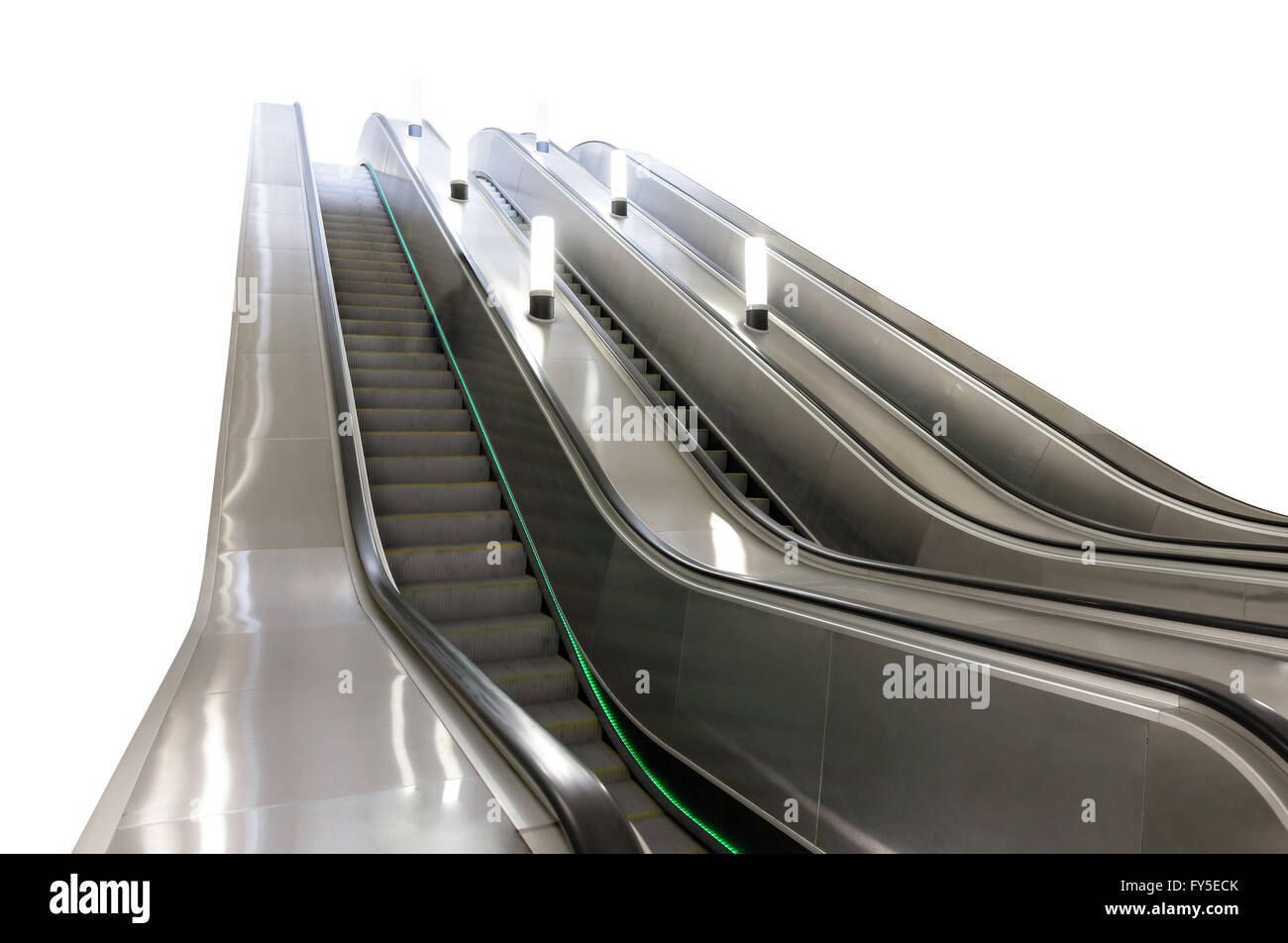 Isolated modern escalator with lamps in Moscow metro, Russia. Stock Photo