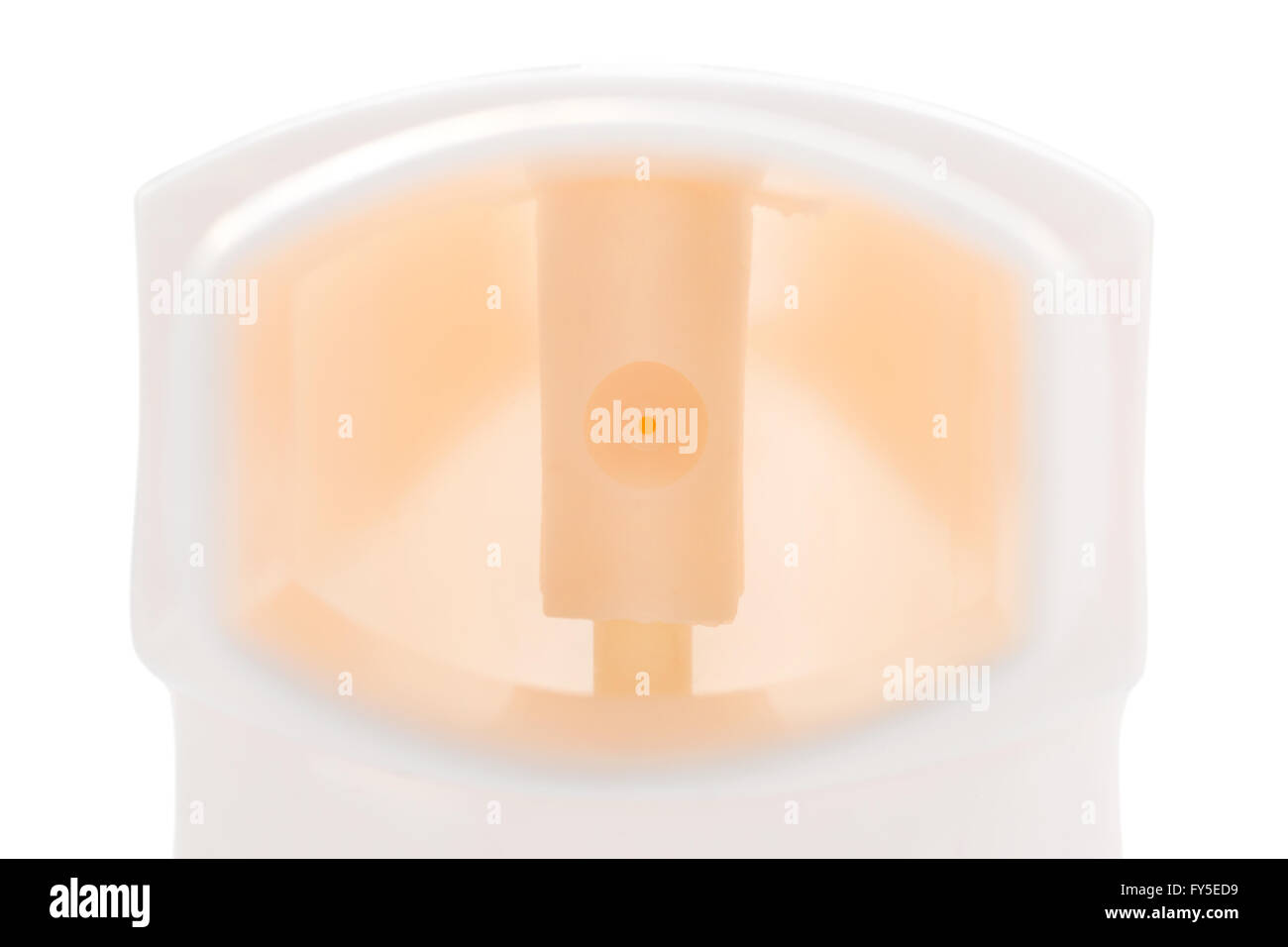 Extremal close up of the asthma inhaler spray mouthpiece isolated on white with clipping path Stock Photo