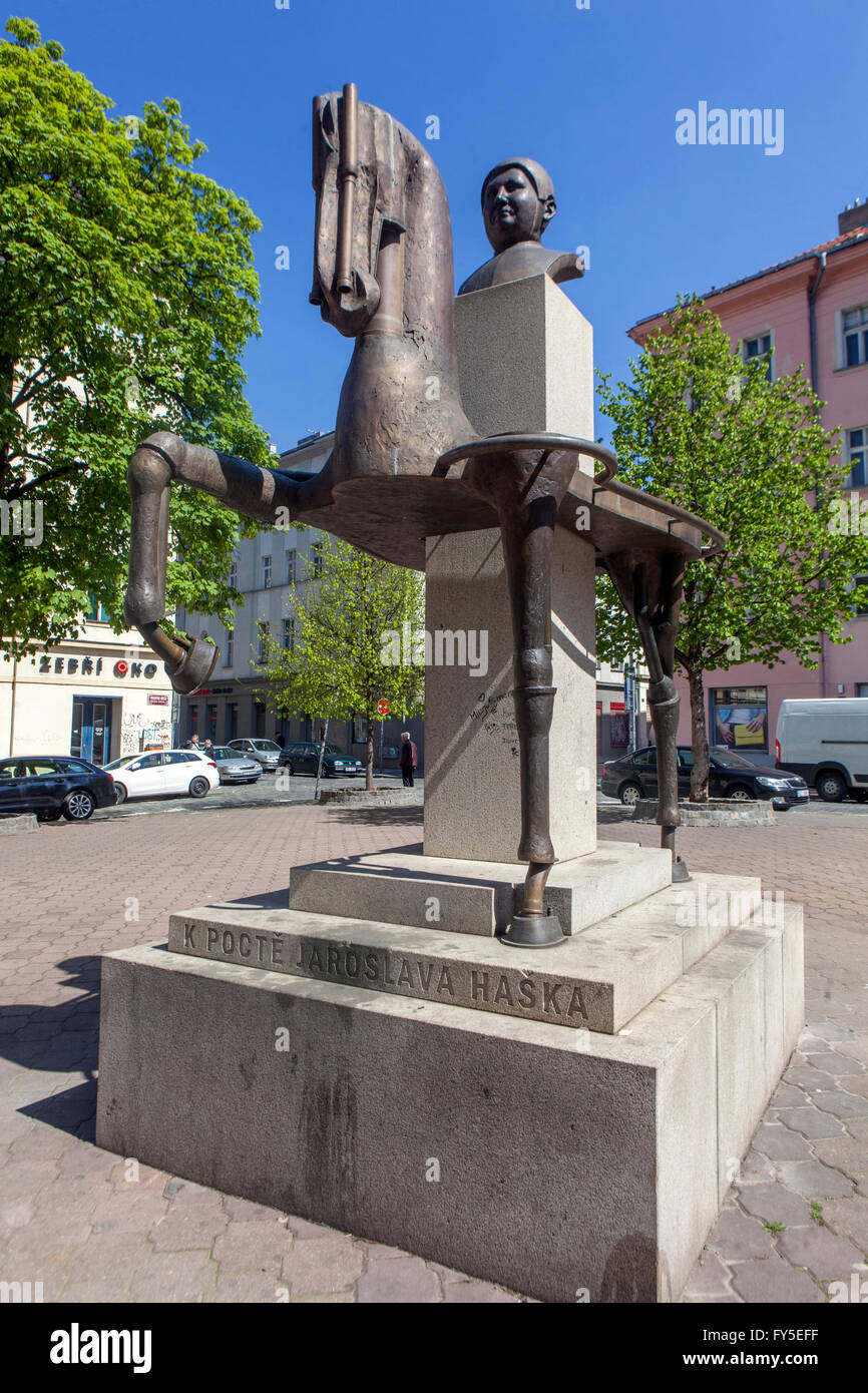 Equestrian statue of Jaroslav Hasek, Czech writer, Prokopovo namesti, Zizkov, Prague, Czech Republic Stock Photo