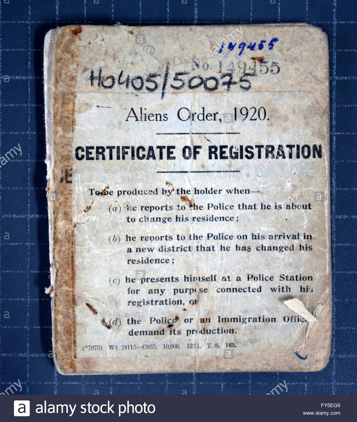 front cover aliens order 1920 certificate of registration national order stock certificates