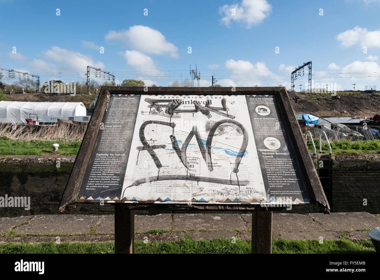 Grand Union Canal information board at Winkwell defaced with graffiti. Stock Photo