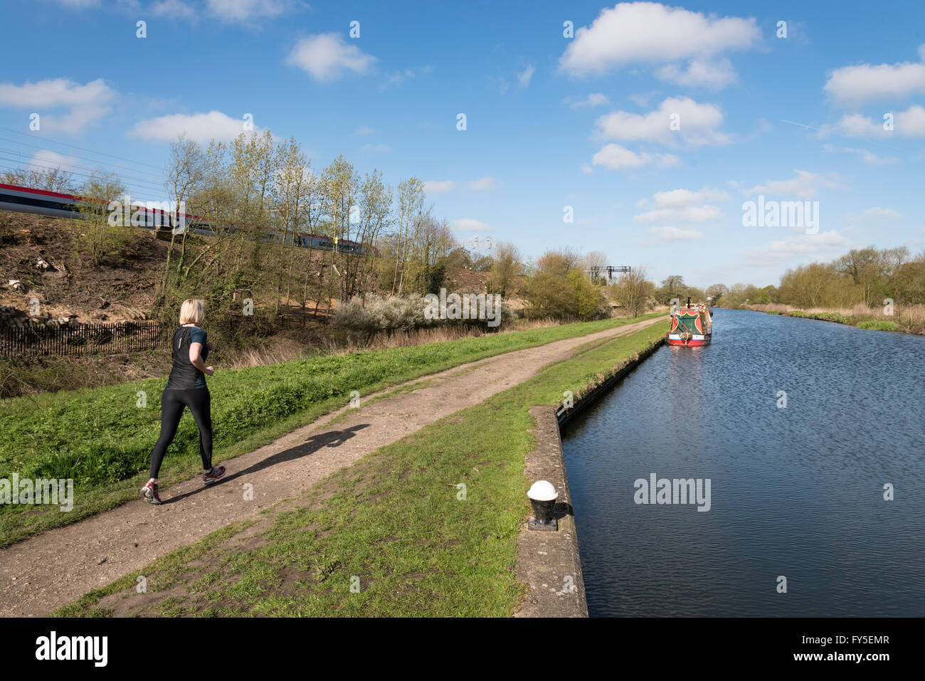 A northbound commuter train passing a woman jogging on the Grand Union Canal towpath in Hertfordshire. Stock Photo