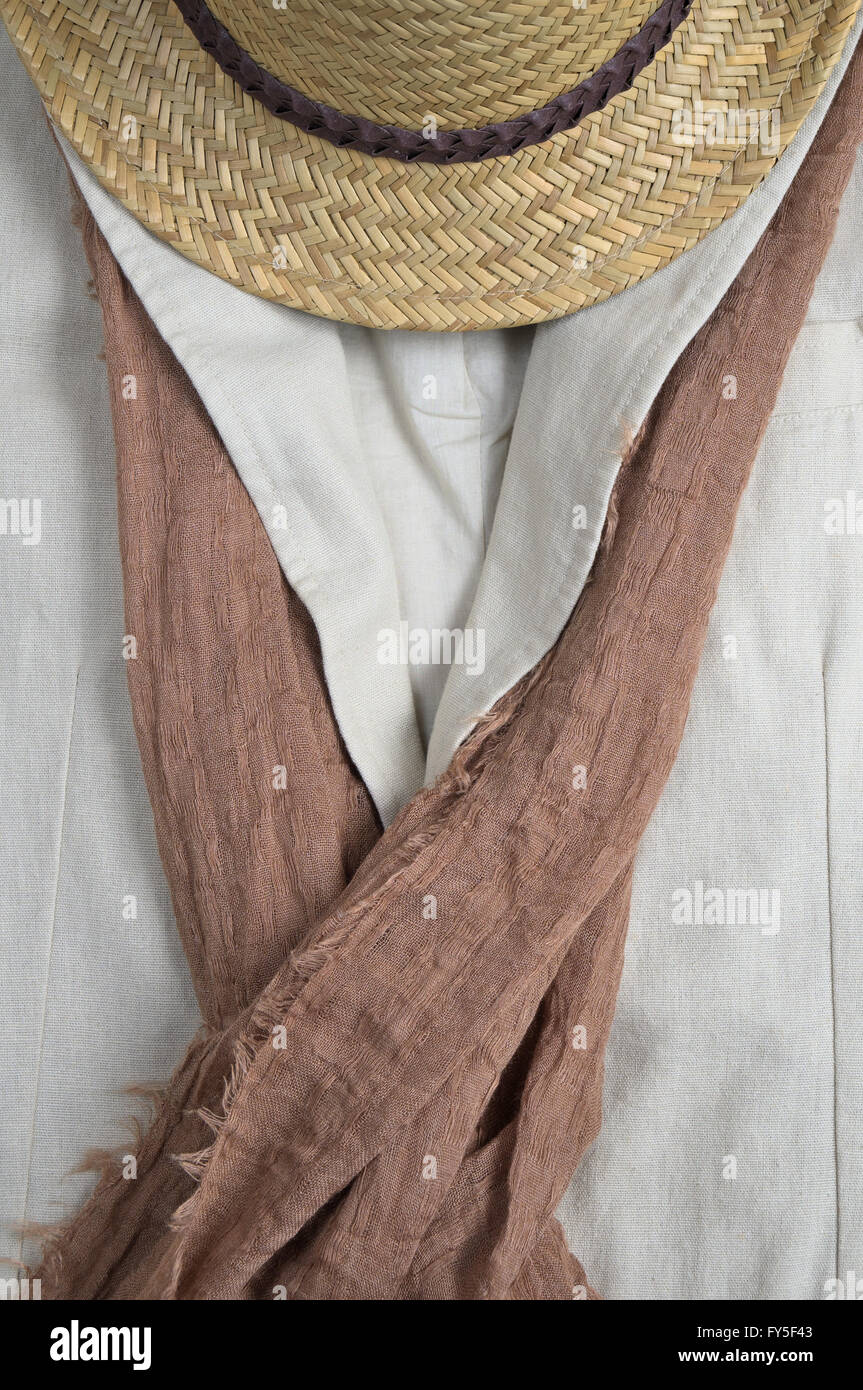 Straw hat, brown scarf and classic 