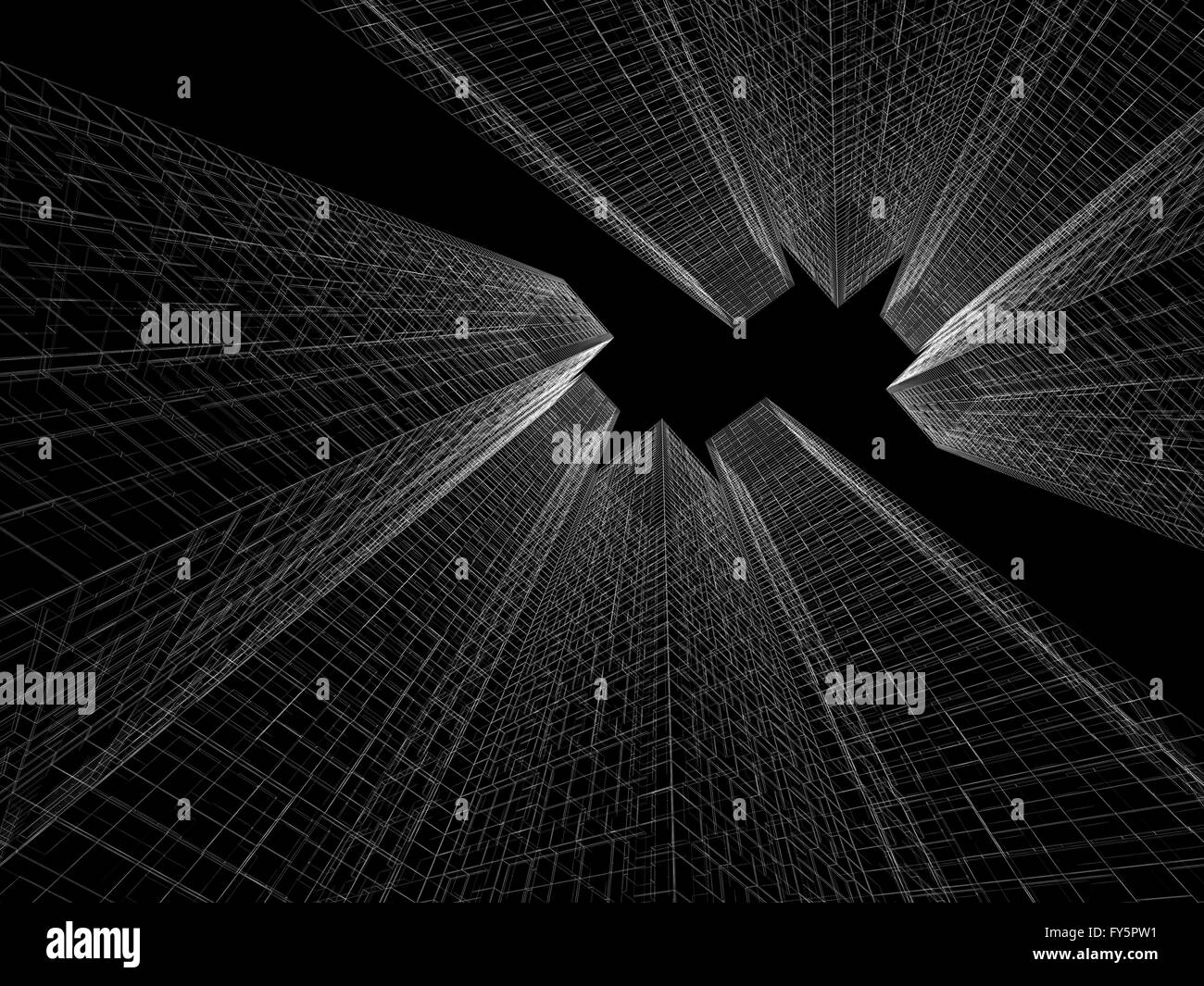 Abstract digital graphic background. Modern skyscrapers perspective. White wire frame lines over black background. 3d render Stock Photo