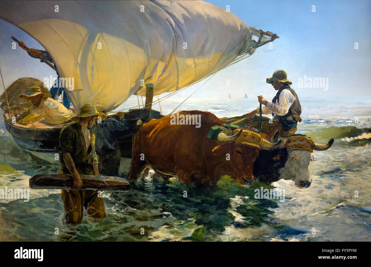 Back from fishing, hauling the boat, Retour de la pêche, halage de la barque, by Joaquin Sorolla, 1894 Musee D'Orsay Art Gallery Stock Photo